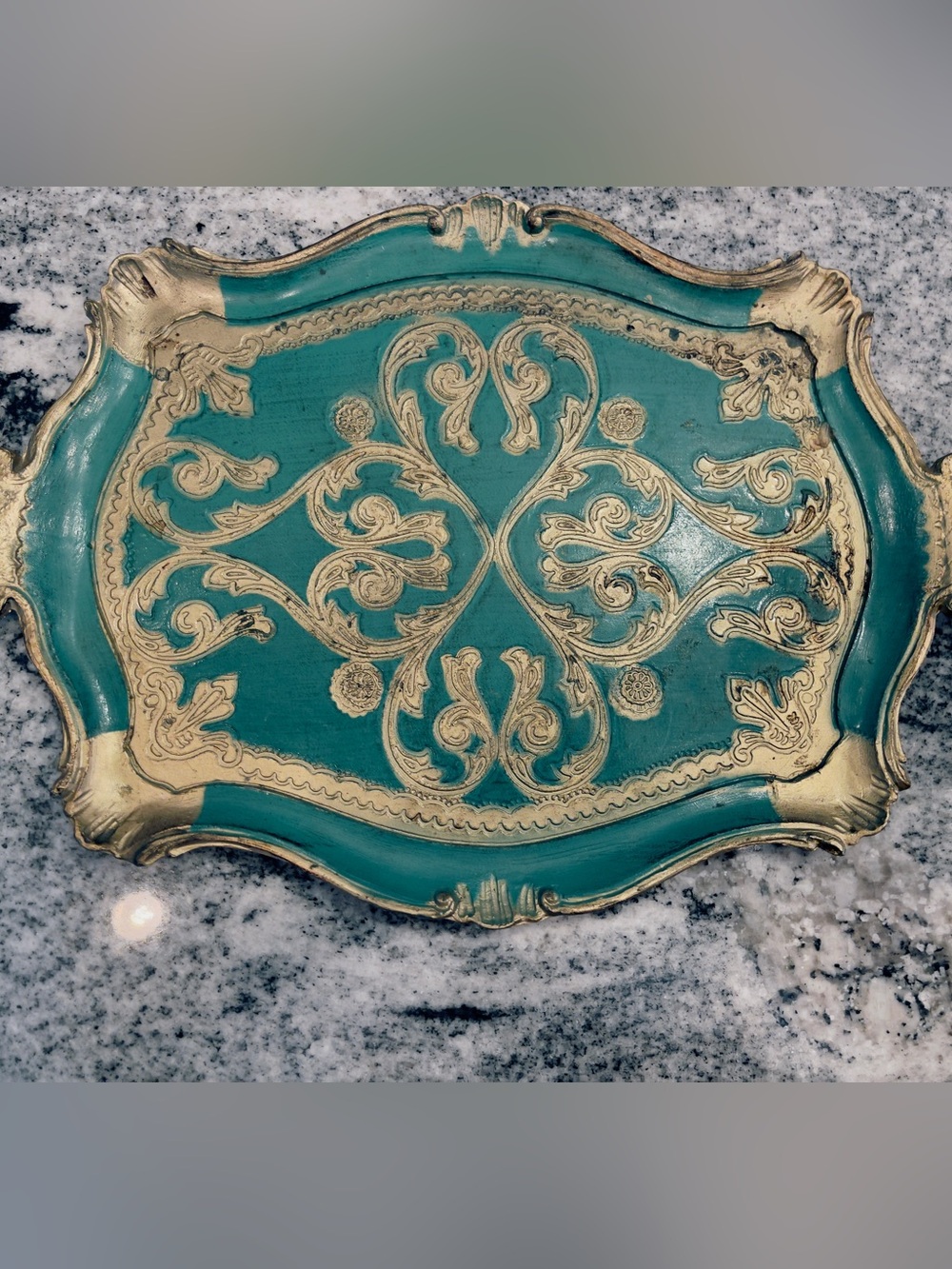 Vintage Florentine Ornate Italian Tole
Tray Green W/ Gold Leaf Detailing 16X 11